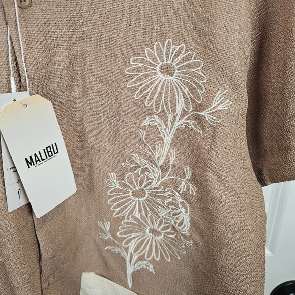 Malibu Drill Clothing Co Shirt Mens Medium Linen Look Textured Fabric Hawaiian - Picture 2 of 8